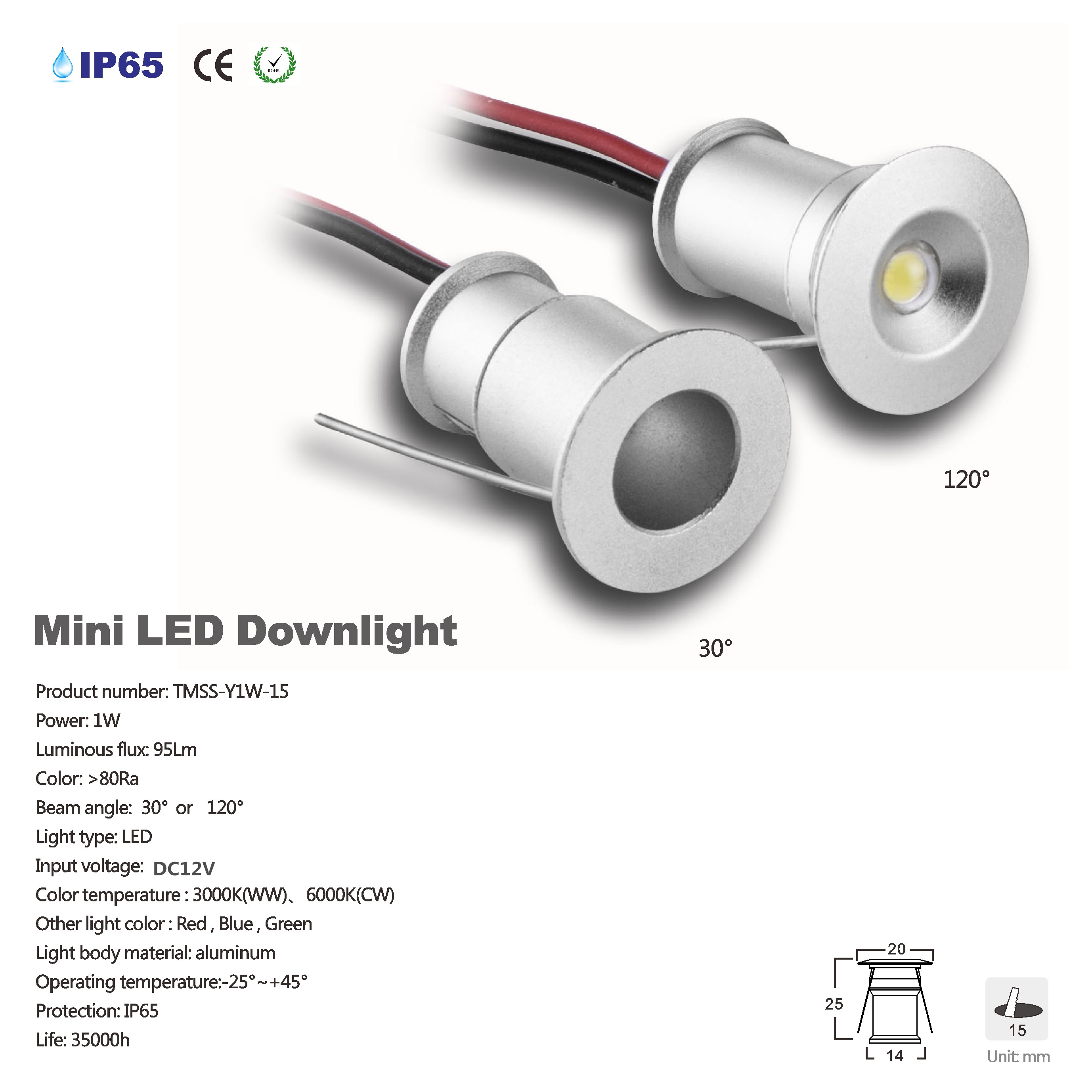 1W Led Spotlight, 15mm Mini Downlight, Recessed 1W Led Cabinet Light, DC12V Lamp, Showcase Light, Mini LED Bulb， DC12V LED (1)